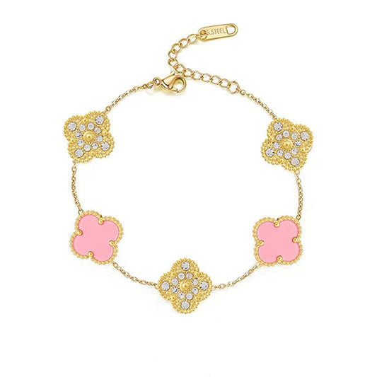 LUCKY CLOVER ARMBÅND | ROSA/GULL ZIRKONIA